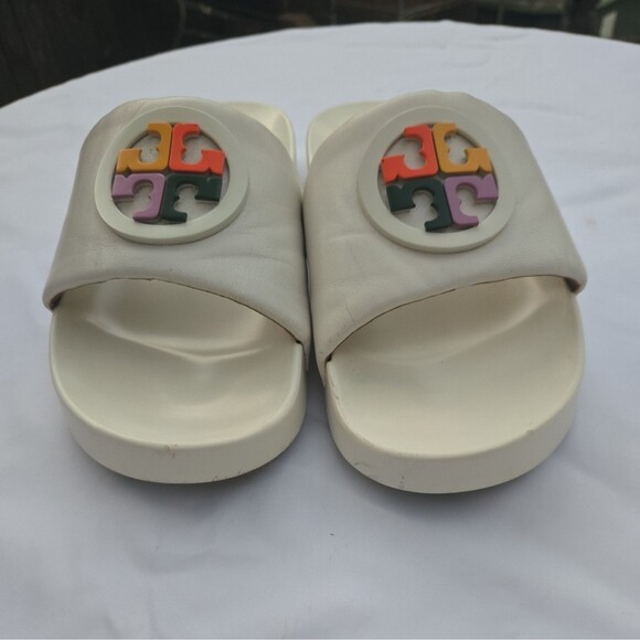 Tory Burch Lina Rainbow Logo Slides Sandals Nappa Leather Ivory Women's 11M - Picture 2 of 7